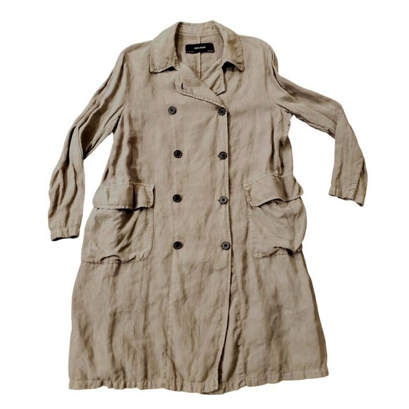 ZARA Euro Limited Edition Taupe Khaki Double Breasted Linen Trench Coat L - Picture 5 of 14
